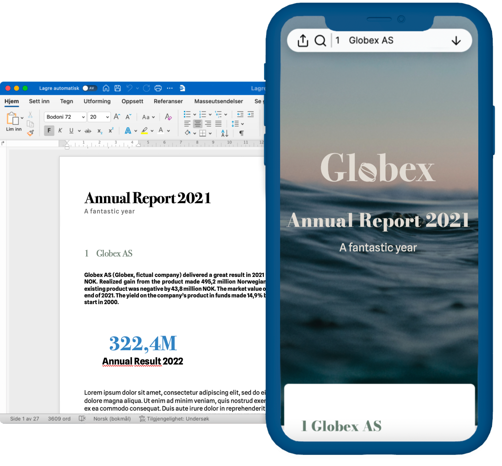 Mockup of a fictive Wrepit report showcasing the MS Word version and mobile version